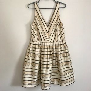 J. Crew tan, navy, and gold striped cocktail dress